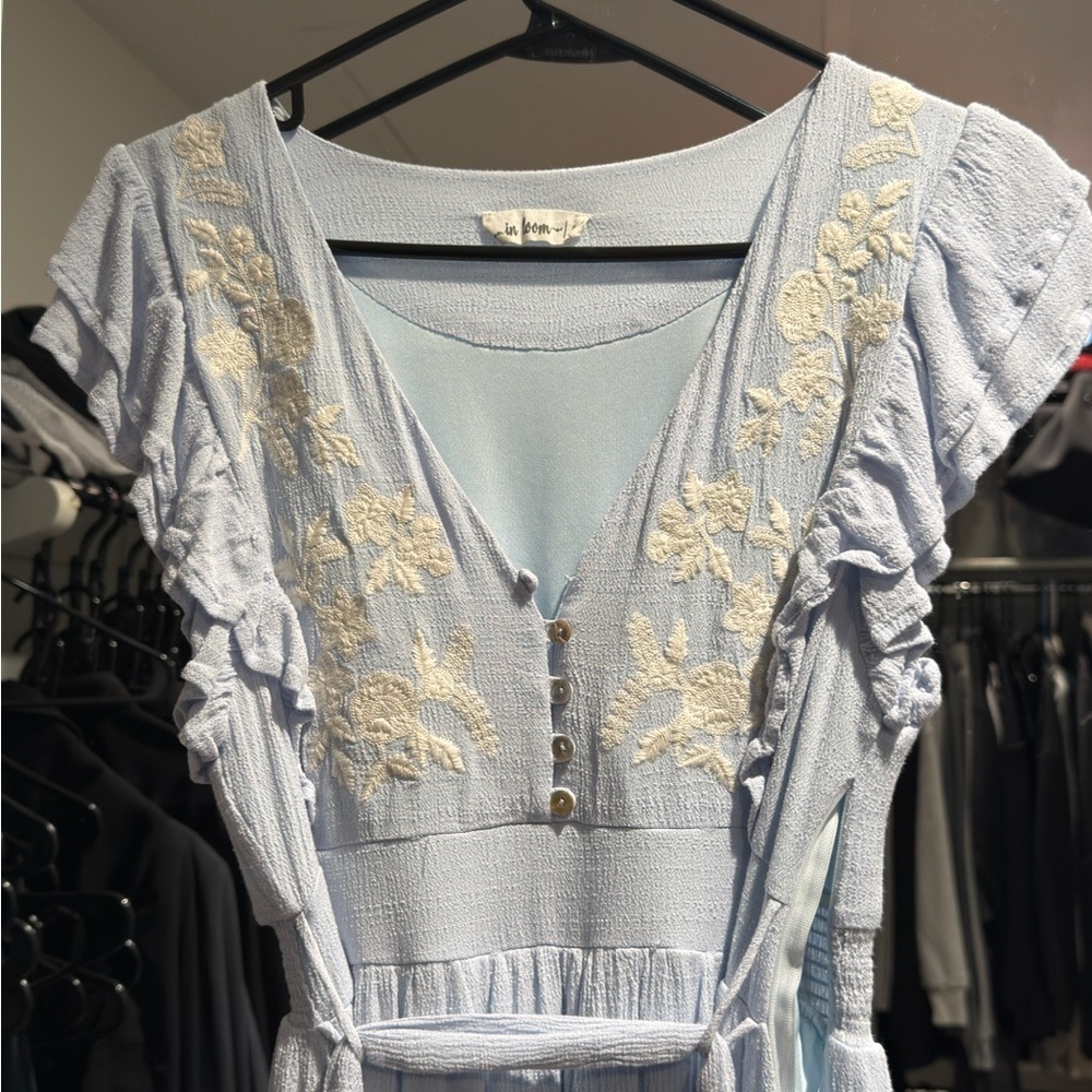 Light Blue Embroidered Waist Tie Ruffle Maternity Midi Dress